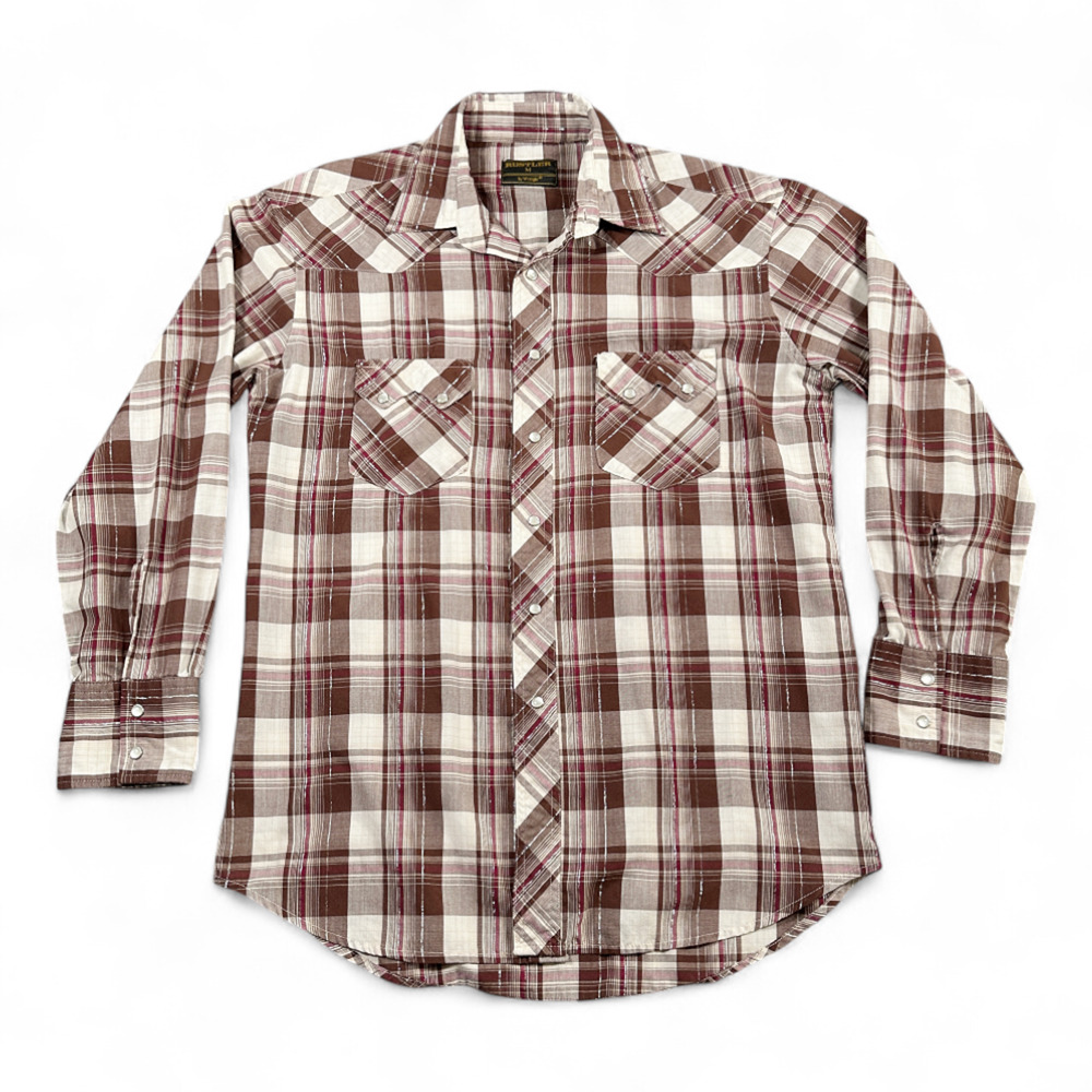Vintage Rustler Western Shirt Adult MEDIUM Brown Silver Plaid Pearl Snap 80s